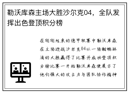 勒沃库森主场大胜沙尔克04，全队发挥出色登顶积分榜