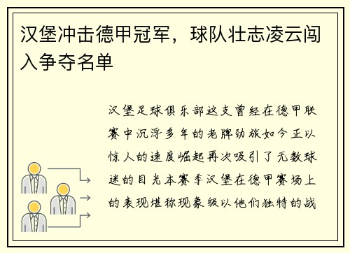 汉堡冲击德甲冠军，球队壮志凌云闯入争夺名单